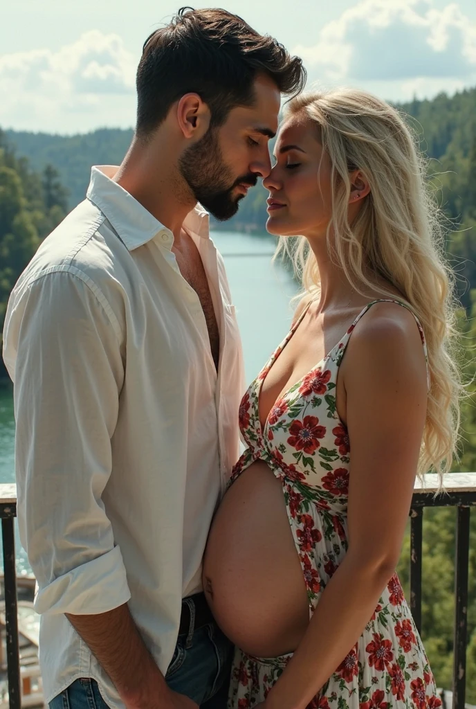 25 YEAR OLD MAN AND PREGNANT WIFE, FAMILY, LOVE, ROMANCE, ROMANTIC, FLOWERS, NIGHTTIME, MOONLIGHT, NATURE, ROSES, NATURE, 8K, detailed matte painting, deep color, fantastical, intricate detail, splash screen, complementary colors, fantasy concept art, 8k resolution trending on Artstation Unreal Engine 5", GOLDEN HAIR, CAUCASIAN, BLUE EYES, Italy