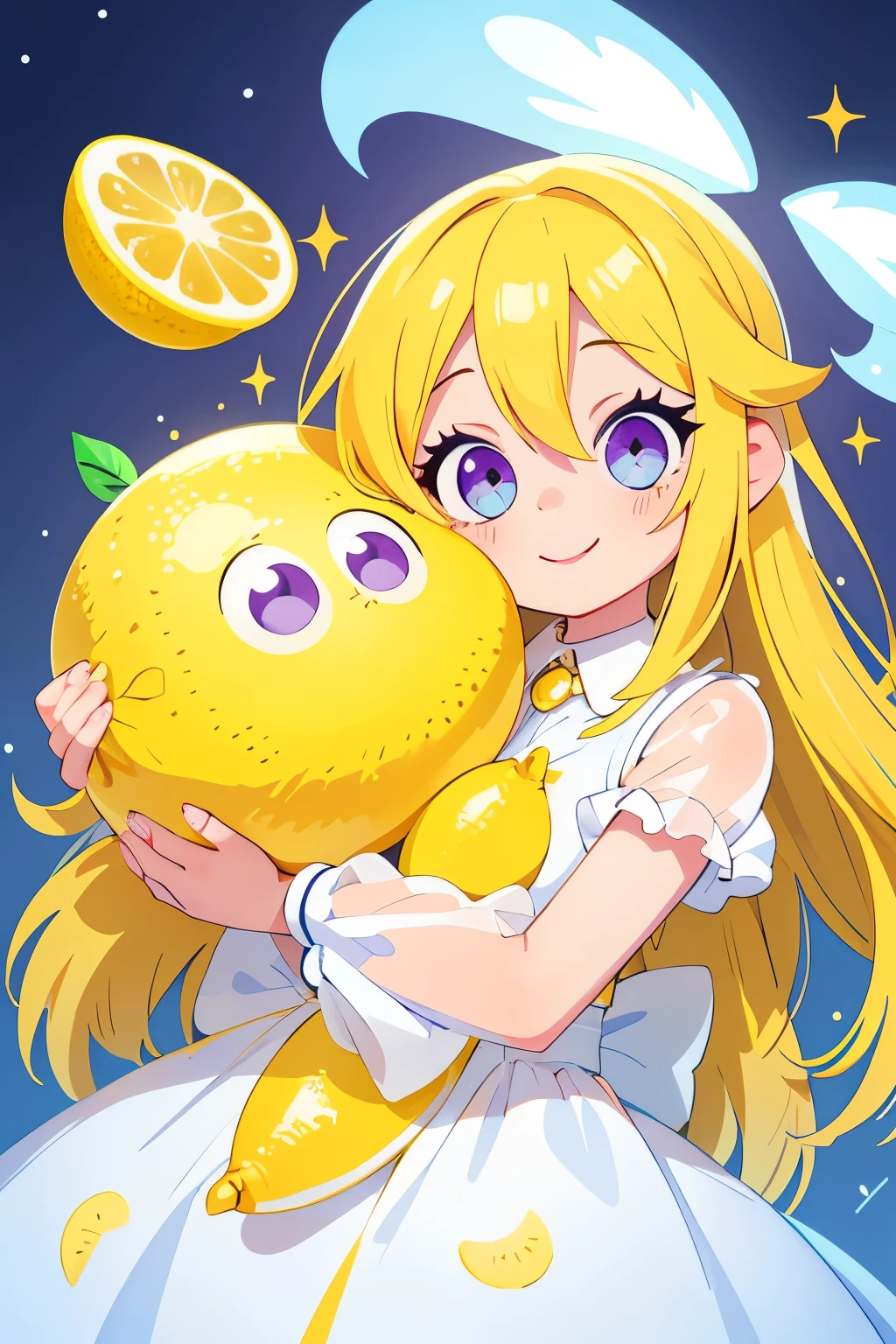 (main part, Best quality at best:1.2), Sparkling and sparking highlights in their eyes, curious expressions,1 girl, Yellow hair color, blue inner color design on collar. Angel rings. Angel. Sparkling eyes. big white hair, a purple eye, An innocent and happy smile. Sparkling highlights in their eyes, curious expressions, lemon fairy, hugging a large stuffed lemon on each arm, lemon, lemon