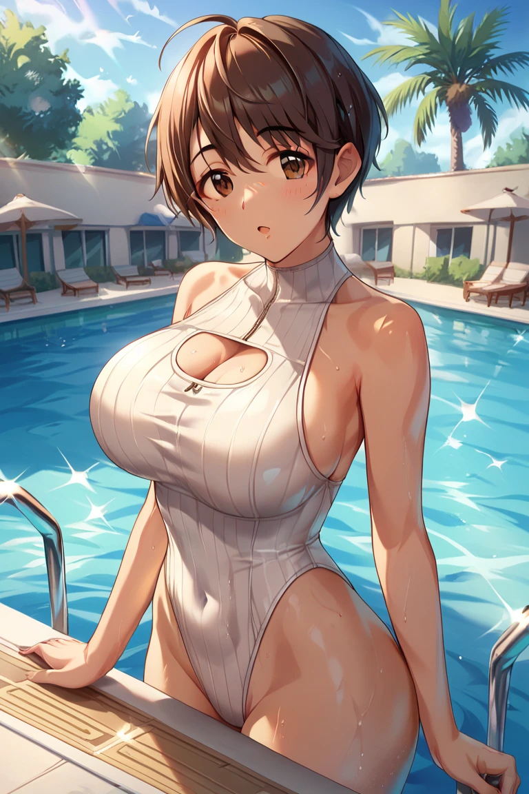 (masterpiece), Very realistic, spectator smile, Beautiful girl in wet transparent short white and light blue sportswear, 12 year old girl, The lower body and camel toe are clearly visible.。, Short hair and white skin, (in the park), Squeeze your hands, Not suitable for the workplace, (Perfect anatomical structure), 8K resolution, wonderful, elegant, Surrealism, Nearly perfect, Dynamic, Very detailed, Smooth, Ultra-high resolution, Alchemy Smooth Upscale Images ,HD resolution, High quality improvement, Contrast Enhancement, Professional Alchemy,