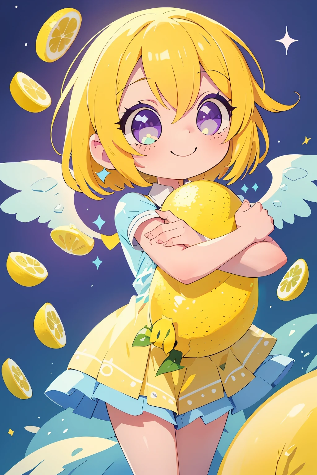 (main part, Best quality at best:1.2), Sparkling and sparking highlights in their eyes, curious expressions,1 girl, Yellow hair color, blue inner color design on collar. Angel rings. Angel. Sparkling eyes. big white hair, a purple eye, An innocent and happy smile. Sparkling highlights in their eyes, curious expressions, lemon fairy, hugging a large stuffed lemon on each arm, lemon, lemon