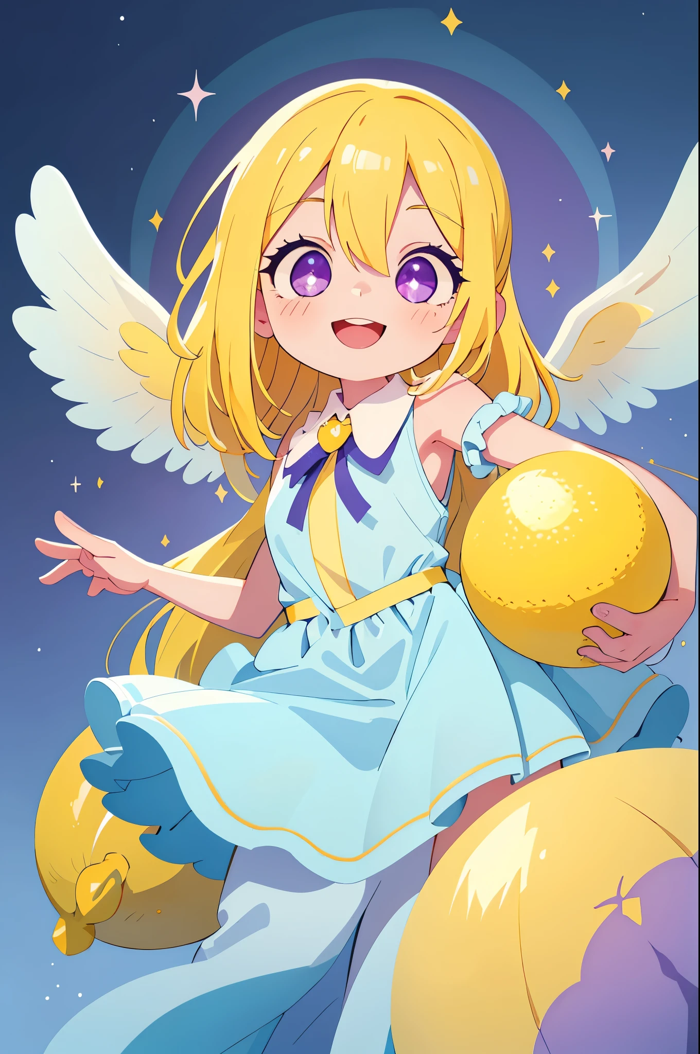 (main part, Best quality at best:1.2), Sparkling and sparking highlights in their eyes, curious expressions,1 girl, Yellow hair color, blue inner color design on collar. Angel rings. Angel. Sparkling eyes. big white hair, a purple eye, An innocent and happy smile. Sparkling highlights in their eyes, curious expressions, lemon fairy, hugging a large stuffed lemon on each arm, lemon, lemon, dancing