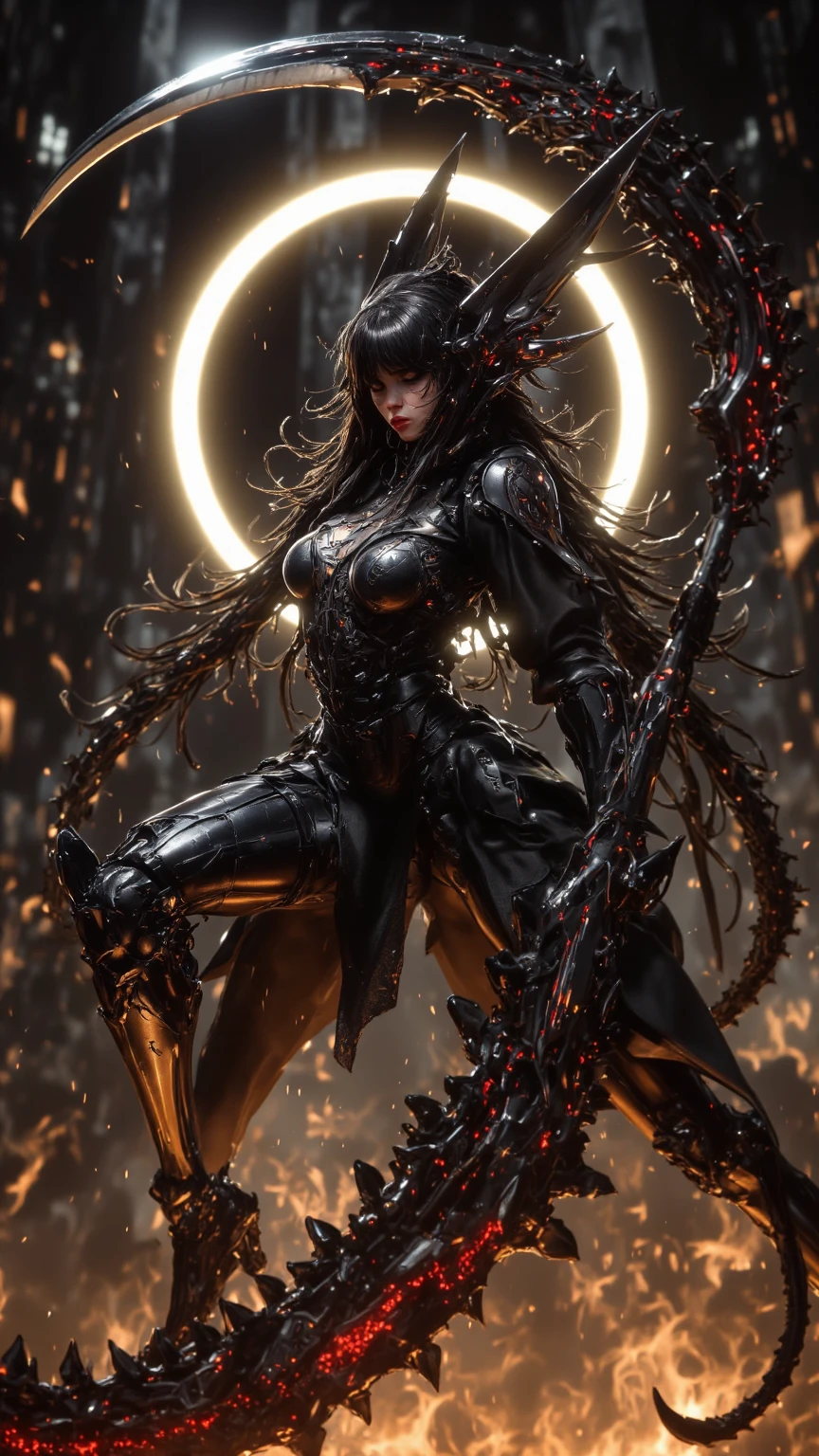 Ashura god female, demon cyborg, robotic body parts, cyborg arms, cybernetic body parts methamorps, futuristic, symbiote with octopus, beauty, swords, ashura god, hell domain, hyper detailed, hyper realistic, pentagram, wide shoot, realistic, RAW, 8K, insane detailed, insane realistic, brutallism, circle sword on back, nine tails, sword background, ashura sword, mandala fashion inspired, on the big alien portal,