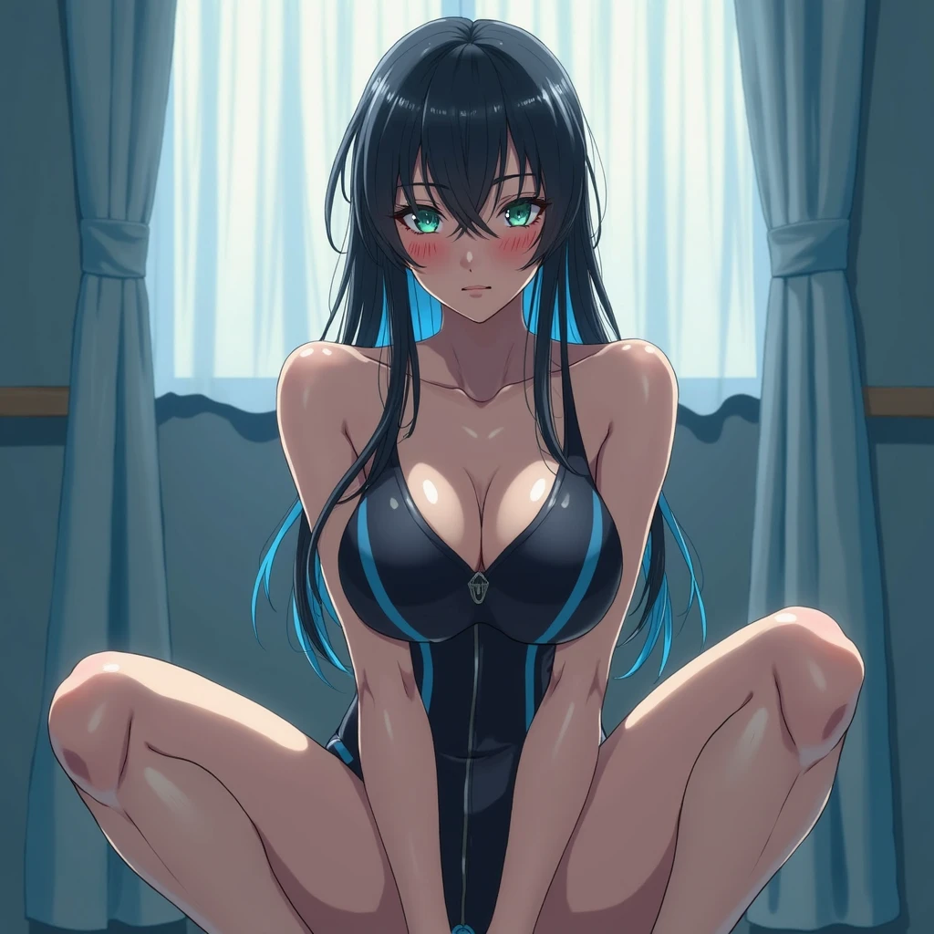 girl, long hair, ponytail, black hair, headphones, blue eyes!!!, color contact lenses, crystal earrings, light smile, heavy breathing, modern, Realism, UHD, masterpiece, super detail, small neckless, full body, looking at viewer, at the bathroom, ping tight dress, legs, toes