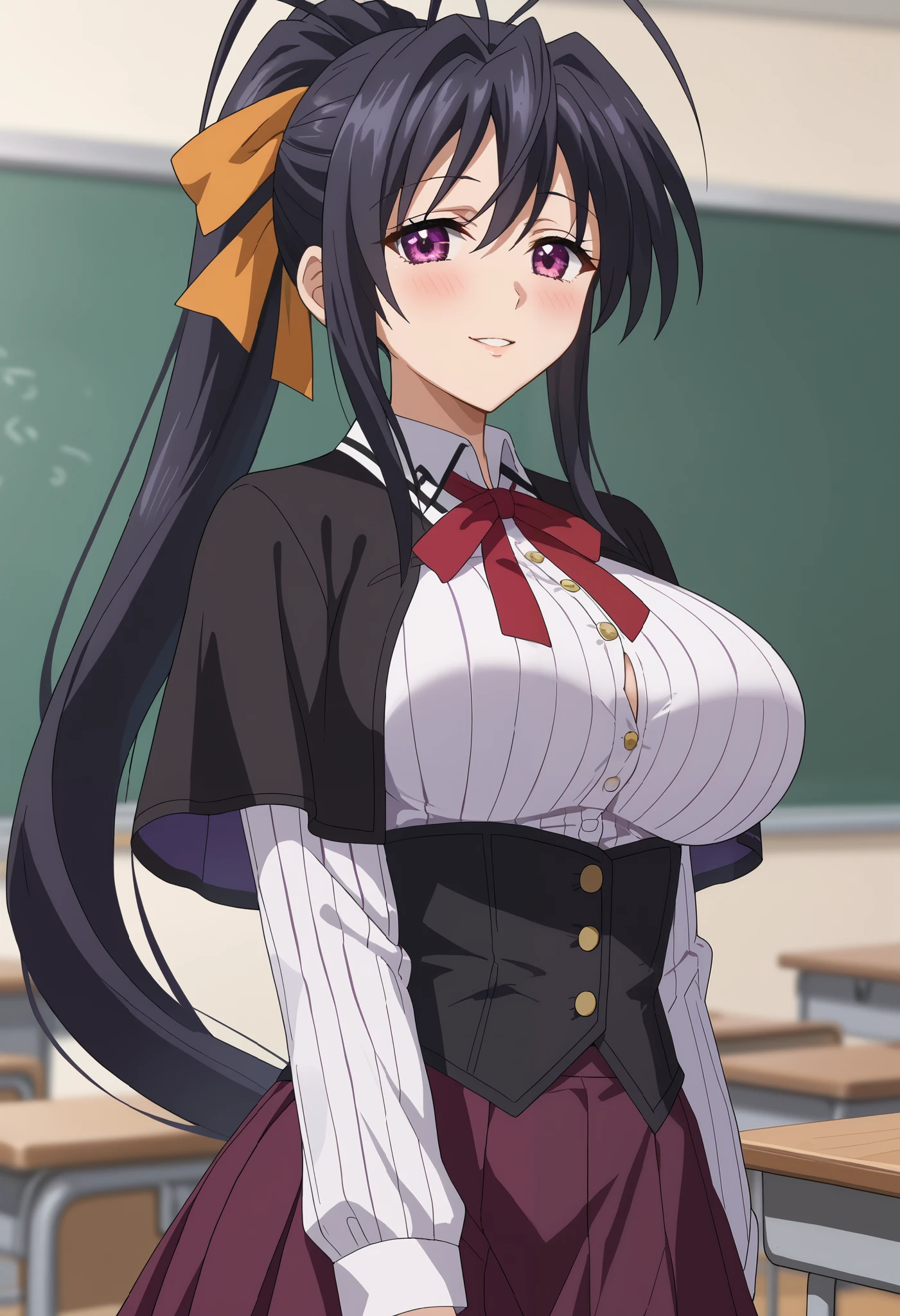 score_9, HimejimaAkeno, 1girl, solo, parted lips, light smile, light blush, high ponytail, long hair, black hair, purple eyes, cheeks blushed, antenna hair, hair ribbon, red ribbon, black capelet, striped shirt, white shirt, neck ribbon, black ribbon, long sleeves, black corset, buttons, pleated skirt, frilled skirt, purple skirt large breasts, wide-hips, looking at viewer, blurry background, classroom, centerfold, modeling, perfect hands, handfixer