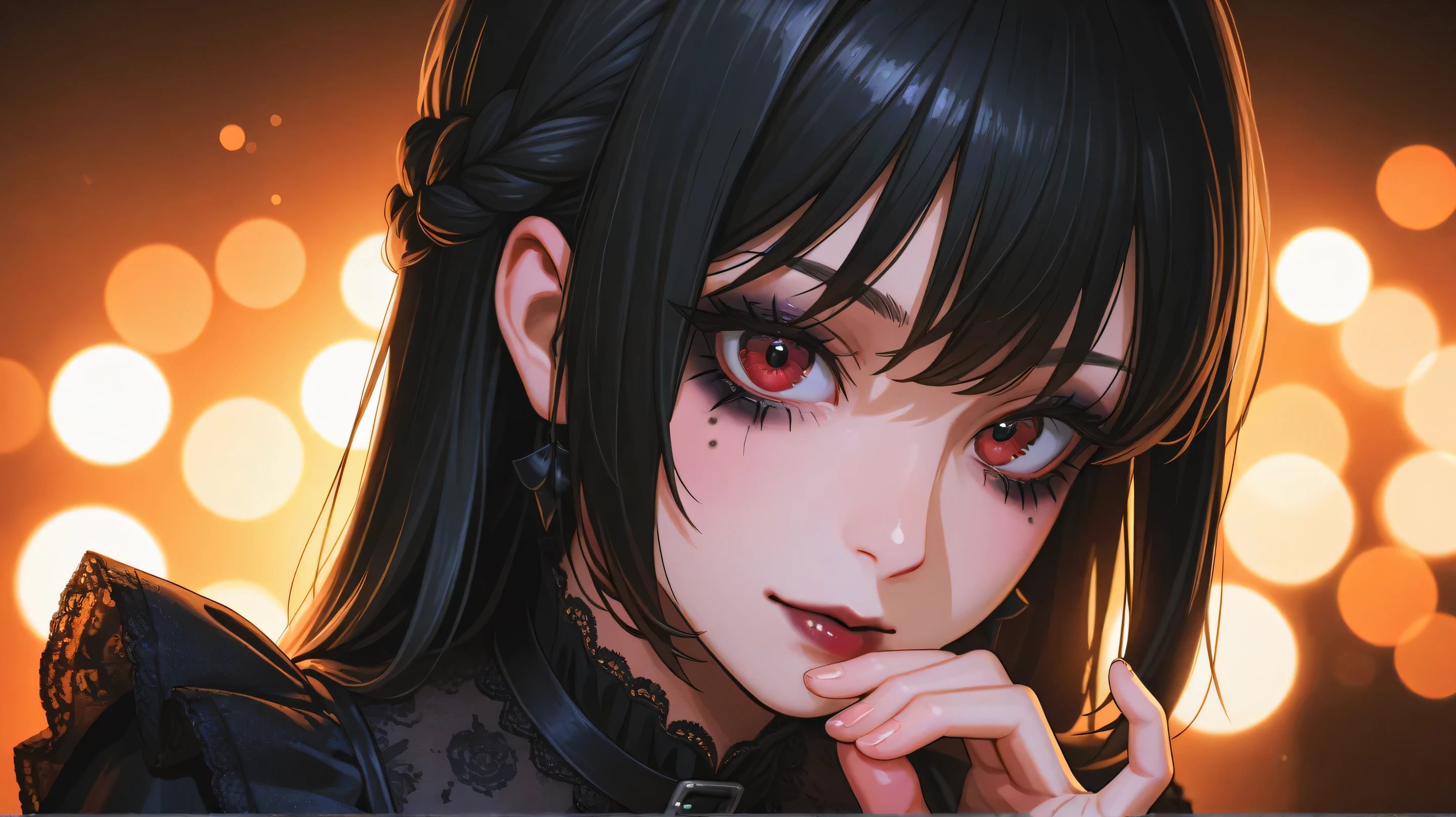 cinematic photo professional close-up portrait photography of the face of a beautiful ((ohwx woman)), she makes the peacegesture with her hand, braided black hair, gothic makeup ang clothes, at lawyer during Midnight, Nikon Z9   . 35mm photograph, film, bokeh, professional, 4k, highly detailed