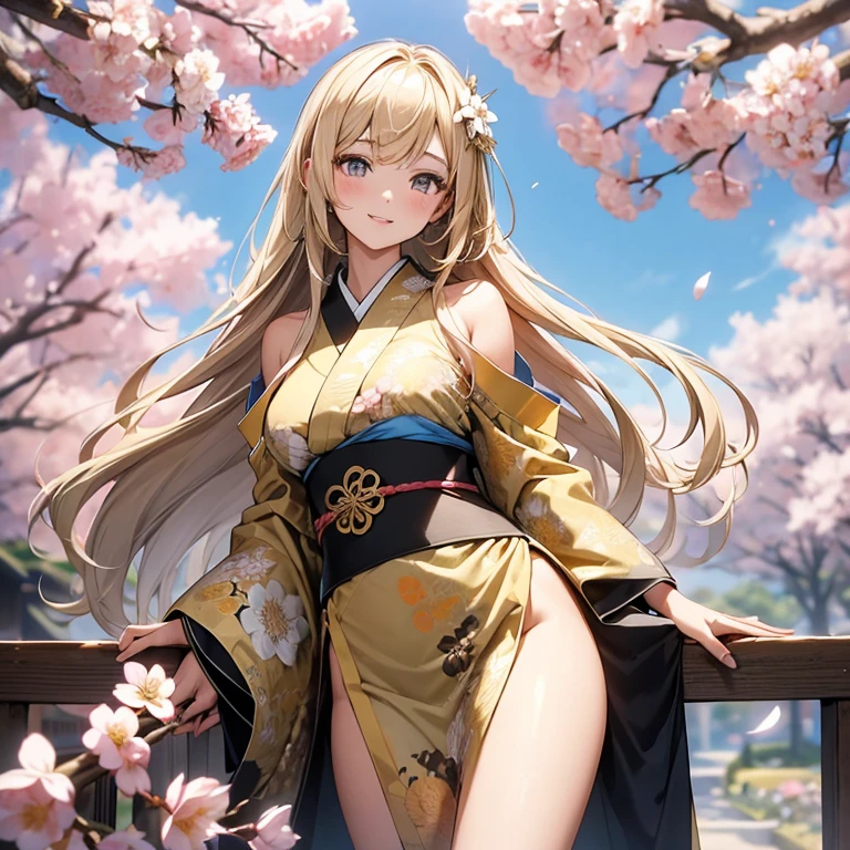 animated cartoon、One blonde girl with red eyes、Kimono、off shoulders、butterflys々Hair ornaments