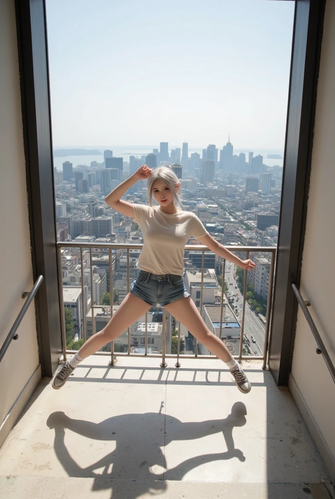 an eleven year old blond haired girl perched atop a large vertical rod high in the clouds. small features. girl sitting atop the verticle rod with with the rod firmly in the girls bum hole. tightly bound up with red velvet rope. kids t shirt on