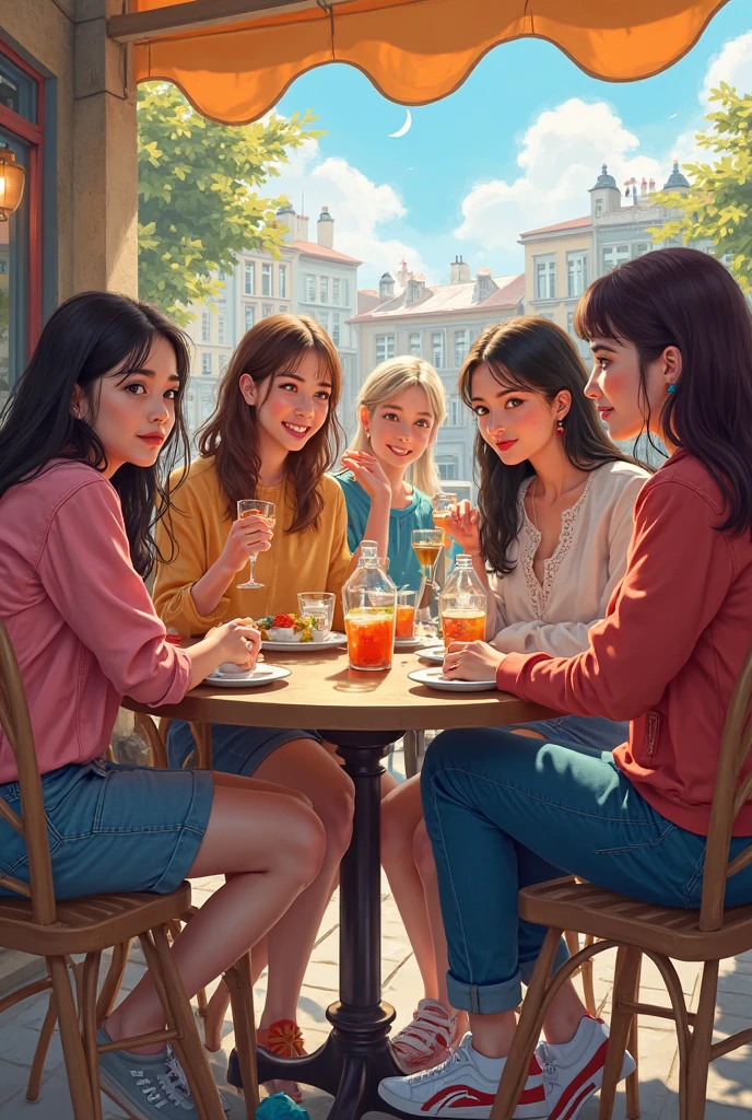 three women having a laugh together at a sidewalk cafe, one with her arm around another, smile, brown hair, multiple girls, grin, realistic, open mouth