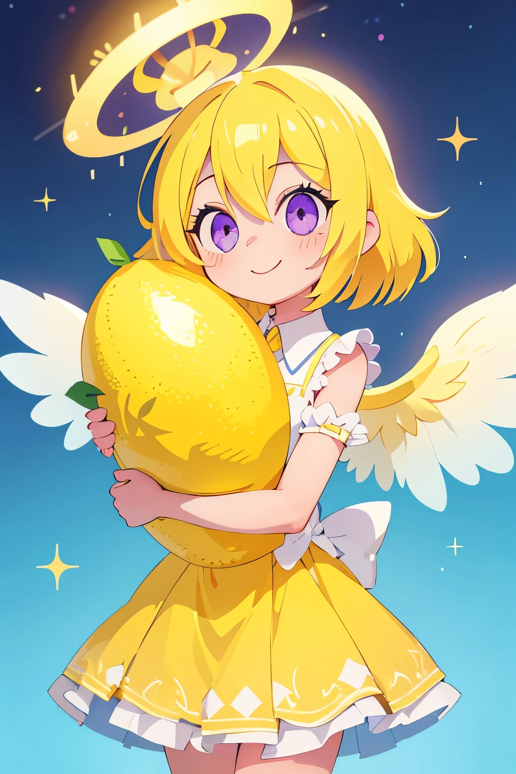 (main part, Best quality at best:1.2), Sparkling and sparking highlights in their eyes, curious expressions,1 girl, Yellow hair color, blue inner color design on collar. Angel rings. Angel. Sparkling eyes. big white hair, a purple eye, An innocent and happy smile. Sparkling highlights in their eyes, curious expressions, lemon fairy, hugging a large stuffed lemon on each arm, lemon, lemon