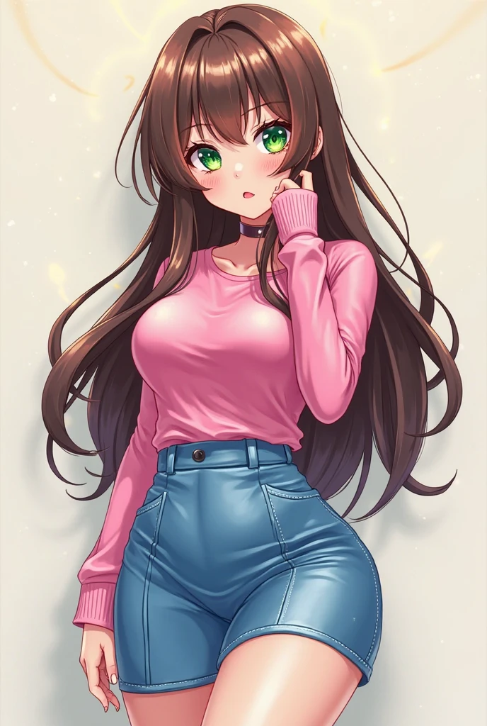 1girl, solo, female timmy turner. green off shoulder oversized baggy sweater with a C on the front, brown skirt, pink bow in hair, blue eyes, long brown hair in a ponytail, black boots, pink pearl earrings, pale pink background, smirk, full-body, sexy pose