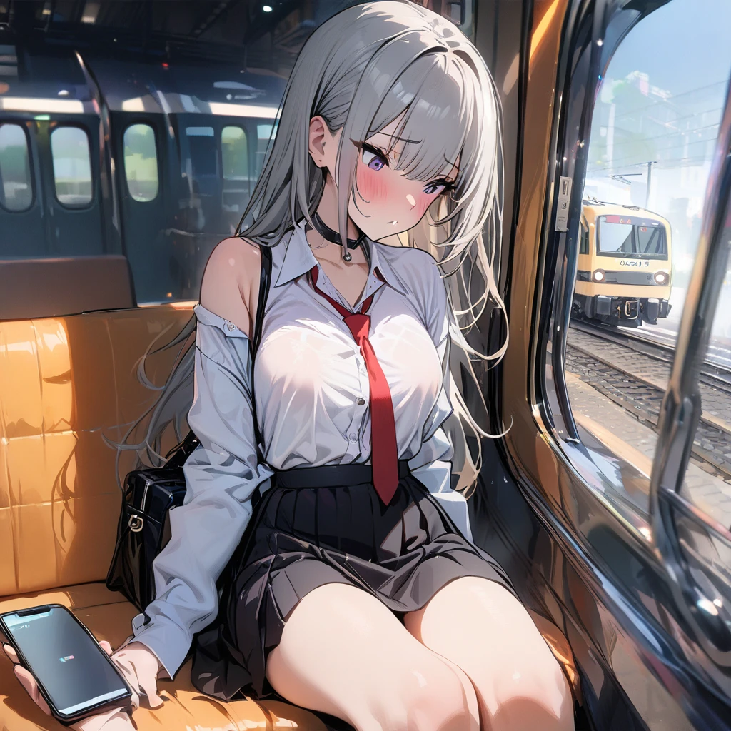 anime girl sitting on a train looking out the window, beautiful anime portrait, lofi portrait at a window, beautiful anime girl, lofi portrait, lofi girl, portrait anime girl, artwork in the style of guweiz, high quality portrait, with sunset, attractive anime girl, cute anime girl, realistic cute girl painting, anime style, 8k, White shirt, short-sleeved shirt, red skirt, short skirt, 1 red tie
