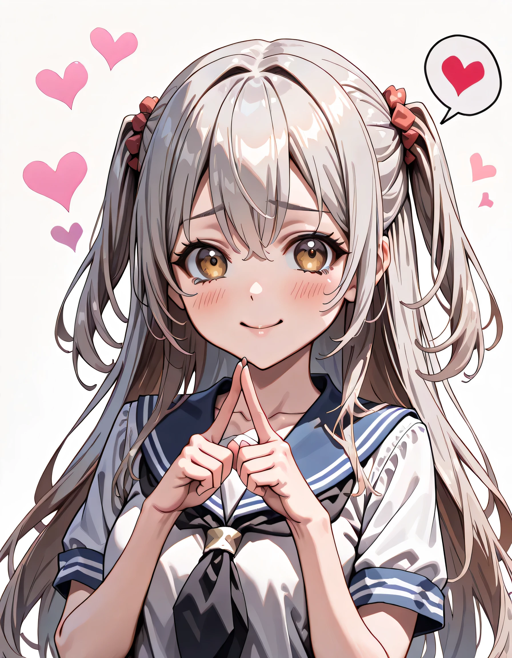 ((ultra-detailed)), (highly detailed CG illustration), (best quality:1.2), ultra-highly detailed, colorful composition, artistic photoshoot, 1girl, solo focus, ((upper body:1.4)), moe anime character, age girl, dainty facial structure, (baby face), (round face), ((rounded chin:1.2)), celia-default, celia claire, (blue eyes), ((silver hair color)), ((two side up hair)), ample breasts, school uniform, sailor suit, traditional Japanese style with navy blue and white colors, ((smile:1.4)), ((happy:1.4)), ((joyful:1.4)), ((tears of joy:1.4)), ((blush:1.4)), ((looking viewer)), ((spoken Heart:1.4)), ((together the index fingers of both hands:1.4)), ((pink heart background)), from front, best quality, masterpiece, expecting, pink cheek, blush, light pink gloss slip, portrait, depth of field, soft lighting, sidelighting, (shine), lighting, caustics, ray tracing, smile, perfect face, lustrous skin, highly detailed face, highly detailed eyes, perfect face, perfect nose, perfect hair, perfect eyes, perfect anatomy, beautiful hair, beautiful small face, extremely detailed face, beautiful detailed eyes, beautiful clavicle, beautiful body, beautiful ample breasts, leavage, breasts squeezed together, equalize the size of the left and right breasts, beautiful thin thighs, beautiful legs, beautiful fingers, 4 fingers, 1 thumb, lovely, (very detailed background:1.0), (highly detailed background:1.0), spring aesthetic, intricate details, joyful atmosphere, spring colors palette, chromatic aberration