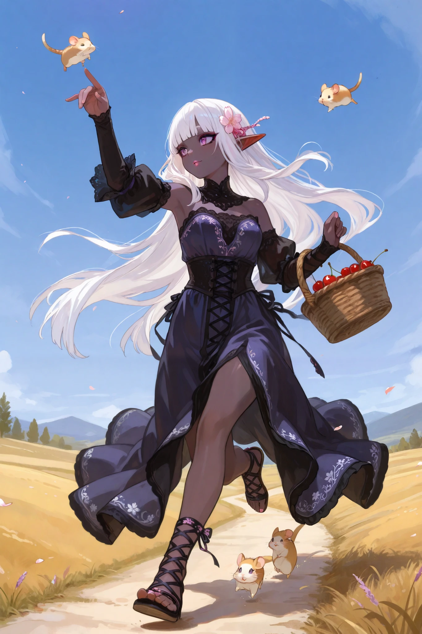 (Ultra-detailed face, Looking away, Gothic Illustration, Dark tone colors. She has five fingers on her hands and five toes on her feet.), BREAK
(It is a spring afternoon when the sun shines brightly. A path leads up a gently sloping hill.), BREAK
(A female dark elf dancer holds a basket full of hamsters in one hand and a large wicker basket at her elbow, gently tossing them up into the sky with one hand. All around, hamsters are flying, running, lying down, and dancing.), BREAK
(She has pure white hair, pure white eyebrows, blunt bangs, very long, windswept, waist-length hair, small pink lips, lavender eyes, dark purple skin, and thick eyeliner. She smiles smugly.), (She is wearing a medieval European-style bohemian lace-up dress with cherry blossom embroidery, a cherry-colored lace ribbon tie, and cherry-colored laced sandals.)
