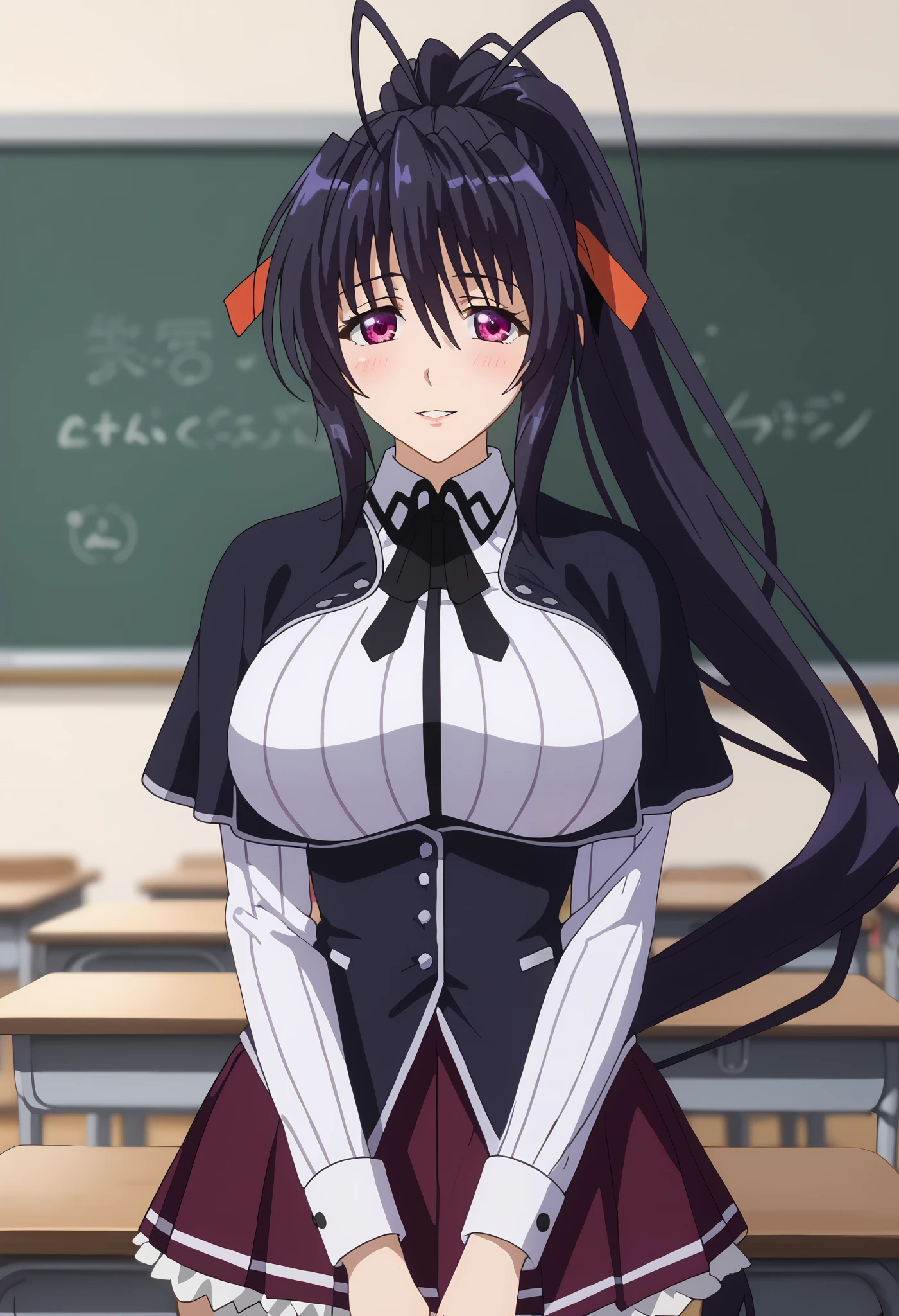 score_9, HimejimaAkeno, 1girl, solo, parted lips, light smile, light blush, high ponytail, long hair, black hair, purple eyes, cheeks blushed, antenna hair, hair ribbon, red ribbon, black capelet, striped shirt, white shirt, neck ribbon, black ribbon, long sleeves, black corset, buttons, pleated skirt, frilled skirt, purple skirt large breasts, wide-hips, looking at viewer, blurry background, classroom, centerfold, modeling, perfect hands, handfixer
