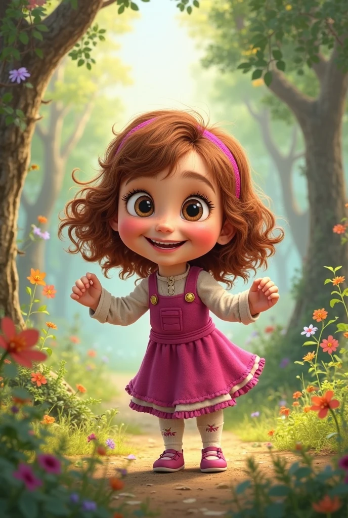 Create AlexiaFFD001, 8 years old, wavy light brown hair, charmer smile, pink dress, playing in the forest with squirrels, Pixar animation style.