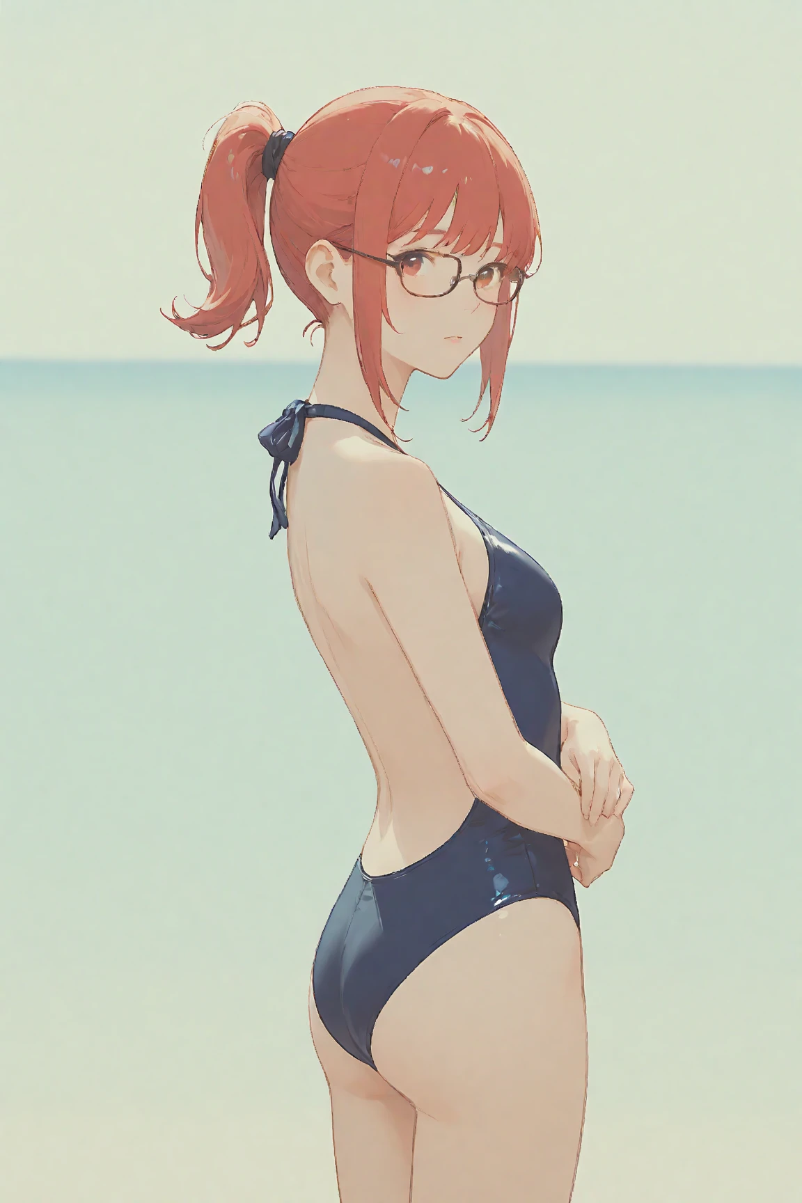 girl, alone, short hair, Bronze colored hair, thin, Misaka sister,Yellow ultra-high leg one-piece swimsuit Large rectangular glasses on the forehead, Beach