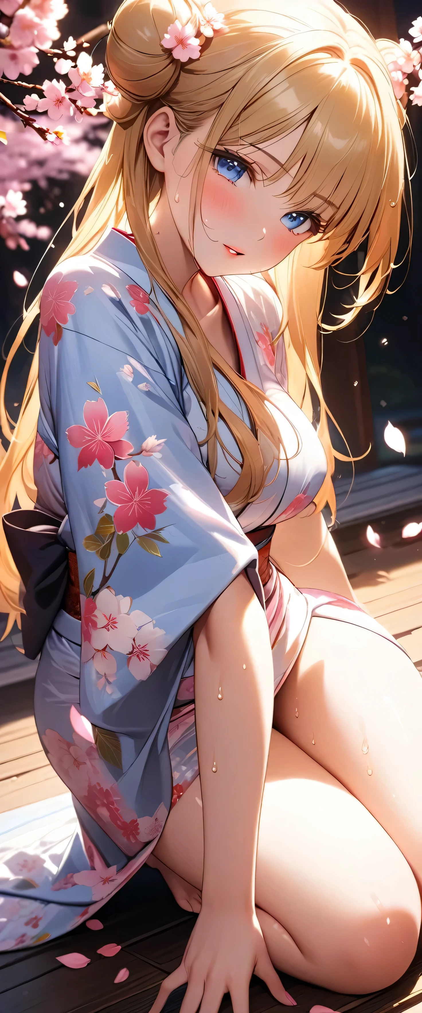 (top-quality、8K)、Precise depiction、a picture、One beautiful blonde American woman、38 years、Film actress、Sleeping in a snow-white bed、No Underwear、Spread your legs wide from side to side、Show off the inside of the thigh、You can see the whole body、Yukata gets wet with sweat and sticks to the skin、1 white thin see-through yukata、very large breast、The color and shape of the tip of the chest is visible 、You can see the color and shape of the areola、Looks a lot of pubic hair、The entire chest shows through