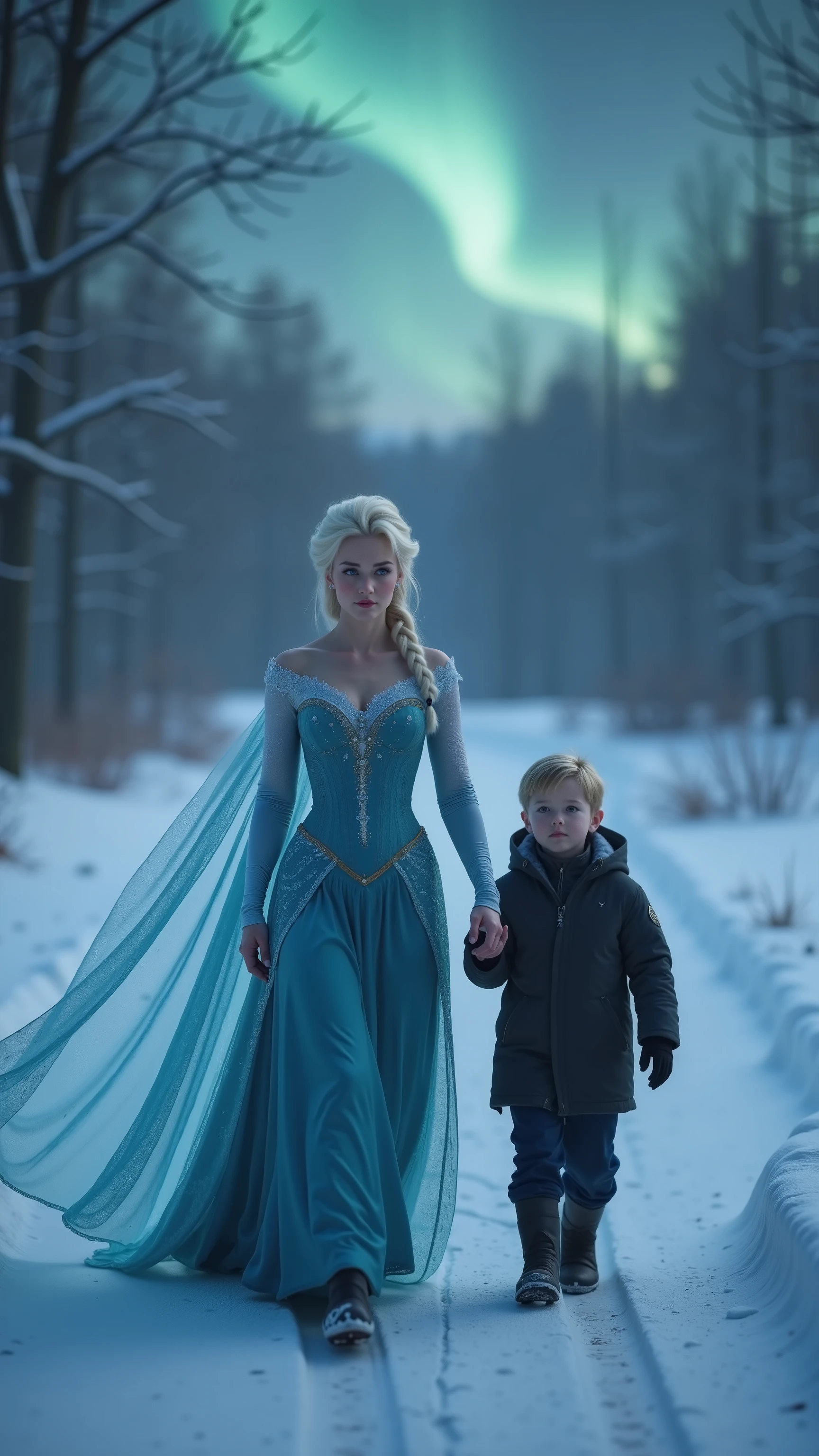 A hyper-realistic, full-body shot of Elsa from Frozen and her young son walking forward together through a breathtaking winter landscape. Elsa's flowing ice-blue gown glistens with frost, trailing behind her as she strides gracefully. Her son, a small boy with soft features, walks beside her, matching her pace. Their footprints imprint the fresh snow, with delicate ice crystals forming in the air around them. A magical aurora shimmers in the sky, casting an ethereal glow on their faces. Snowflakes swirl gently, illuminated by the cool moonlight. Elsa's expression is serene yet protective, her icy powers subtly visible in the crisp air. The scene is rendered in 8K ultra-realistic detail, capturing every fine texture—from the intricate embroidery on Elsa’s dress to the softness of the 's winter coat—with cinematic lighting enhancing the depth and realism of the moment.