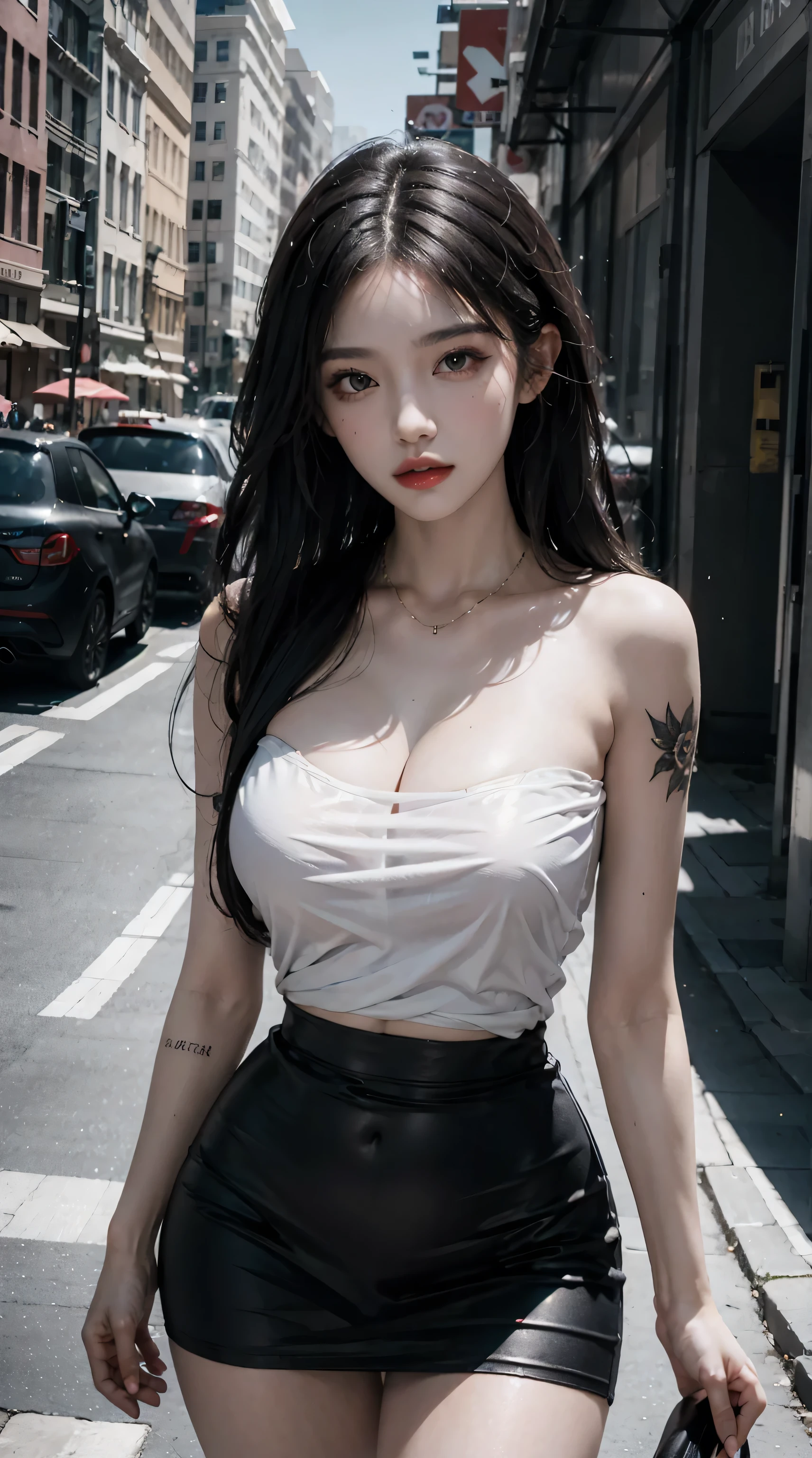 Beautiful female college student in the city,masterpiece,light makeup,Red Lip,Silver Hair,Disheveled long hair,Street Background,Grace,grace。Ultra-fine detailasterpieces,Authentic texture,Realism in film lighting,Perfect piece,8k,KHD,Delicate facial features,White skinny turtleneck top,white skinny shorts,Slim figure,Big bright eyes,Smooth skin,ear discharge,Choker Necklace,(((He has many tattoos all over his body)), (((Tight waist))), ((Big Breasts)),(See-through),panties