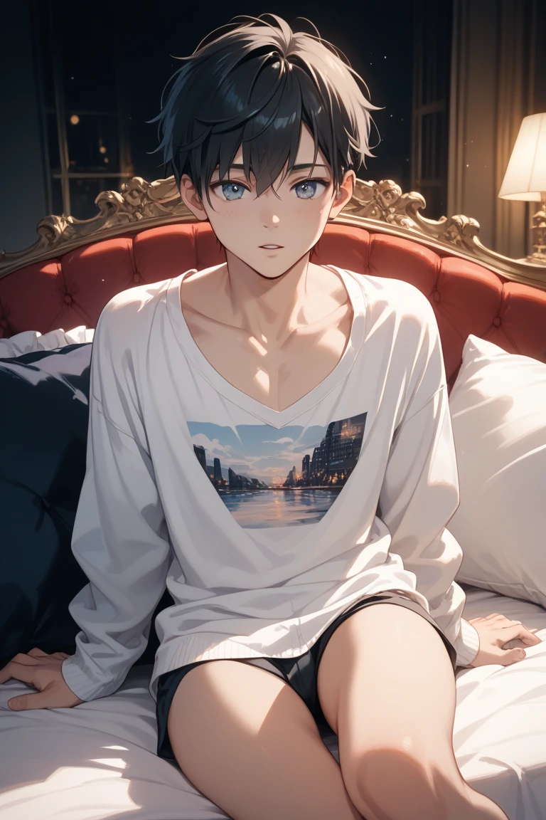 ((only one person)), A beautiful boy is sitting on a bed in a closed room,(((The whole picture is a mirror))), gay, masterpiece,highest quality,High contrast, The upper body is naked, closeup cleavage, Interactive expressions, short detailed hair, slender body, erotic, shorts, White sox, foot fetish, (high quality watercolor:1.3), black hair, perplexed, Explore the body
