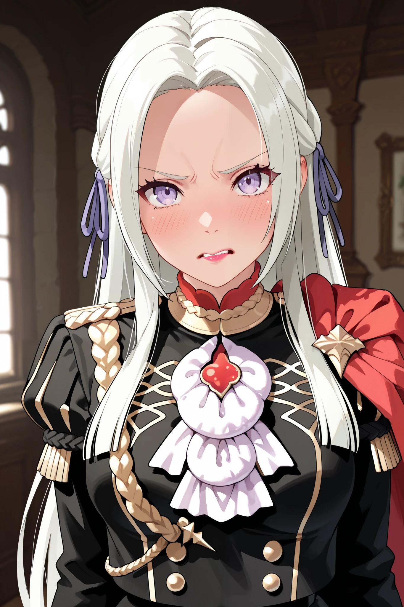 (Alone, 3DMM, 3d rendering style), (adult mature Edelgard, Garreg Mach uniform:1.0, glossy lipstick), best quality, high quality, high res, Looking at viewer, shy, tsundere, (perfect eyes:3.0, perfect face:2.0, highly detailed face:3.0, detailed eyes:3.0, Edelgard Eyes:1.0, perfect mouth), BREAK pov from her belly, lab pillow:1.0, pov lab pillow:2.0