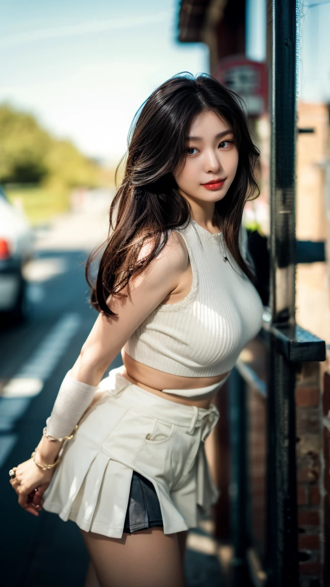 ((realistic light, top quality, 8 thousand, masterpiece: 1.3)), She has a very small face, Slender beauties: 1.4, , (light brown hair blowing in the wind, very large breasts:1.4), (Daily Lookbook:1.3), ultra fine face, detailed eyes, double eyelid, laugh, necklace, (Nice street in a beautiful city:1.5), (daily skirt:1.5), (perfect body beauty:1.4), ((Glossy skin:1.3)), ((Ergonomic:1.3)), Highly detailed face and skin texture, detailed eyes, double eyelid, (Layered hairstyle),