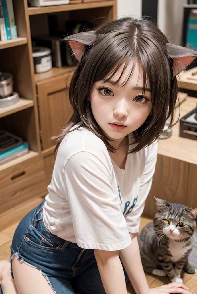 Small face, Big eyes,mid - length hair,Air bangs,With bangs,Art teacher,A woman in her early thirties,High cooling temperament,Buddhism,cute little cat,Skinny,being thin,full bodyesbian,White T-shirt