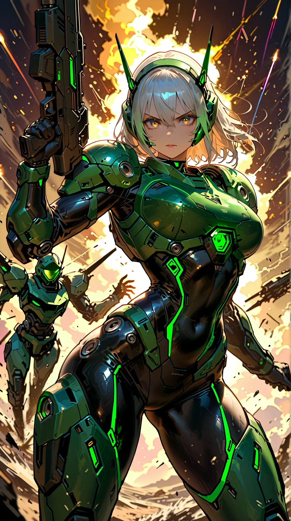 tired, annoyed, anime cat woman, green eyes and light green hair, cybernetic eye prosthesis, eye patch, face scar, sci-fi, mecha outfit, cybersuit, techwear, missing eye, burns, red eye prosthesis, muscular, messy ponytail, loose clothes, smaller breasts, single character, long jacket, space background 