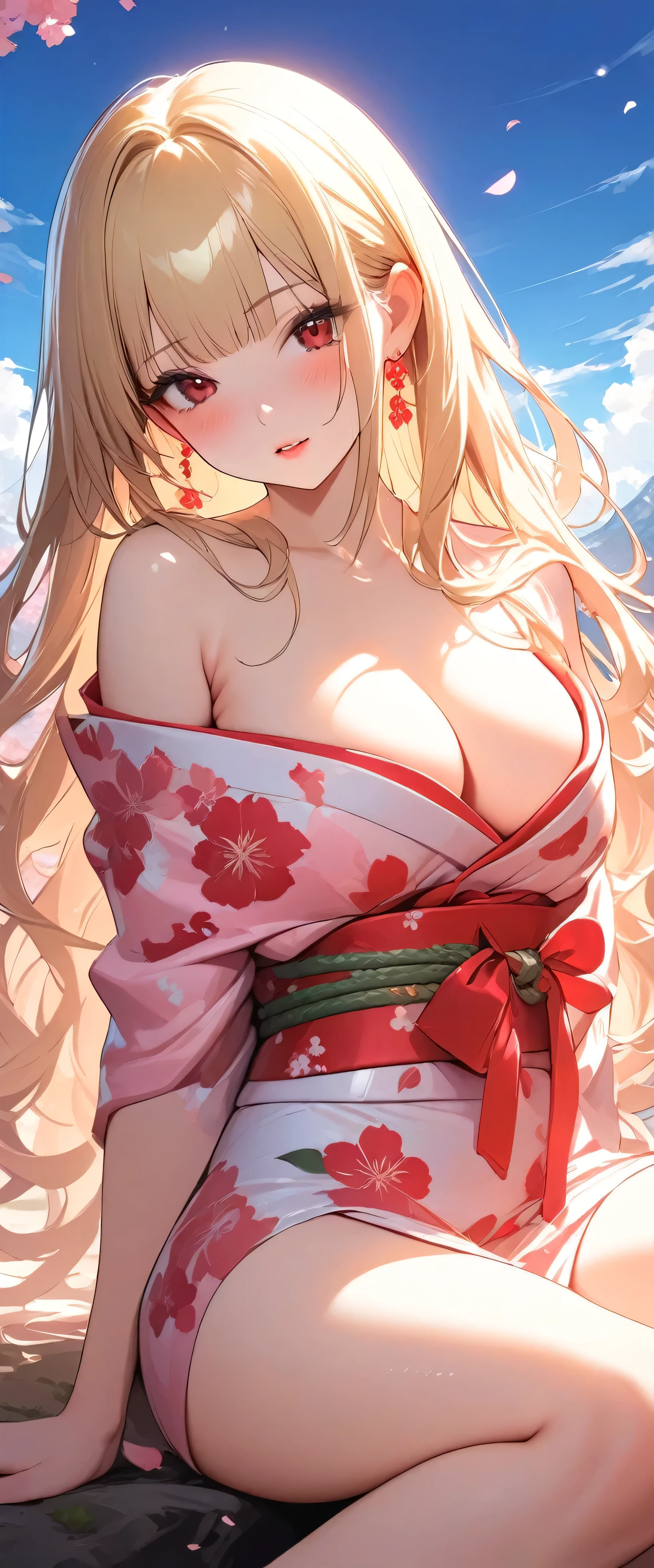 Close-up of a woman in a red and orange dress, Red kimono with flower patterns, From the Sengoku period, Long and beautiful kimono, Flowing hair and long robes, Red kimono, Japanese Kimono, Wearing Imperial Kimono, Wearing kimono and armor, In kimono, Safety, kimono, Hakama kimono, Inspired by Fujiwara Takanobu, pale and colouRed kimono She shows her nipples