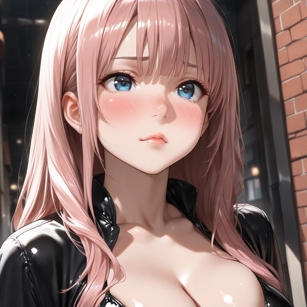 (Masterpiece, BestQuality:1.3), (ultra detailed:1.2), (hyperrealistic:1.3), (RAW photo:1.2), High detail RAW color photo, professional photograph, (Photorealistic:1.4), (realistic:1.4), (Pink Hair:1.5), professional lighting, perfect anatomy, (Big Breasts:1.2), (blush, detailed face), (A happy smile:1.7), Trending Hair&Trending Hairカラーをランダムに, earrings, necklace, bracelet, sexly, erotic sexly, Random sexy gravure poses, (Beautiful woman wearing a black leather corset、On an industrial background、Provocative Gaze、While tying up her hair、Her corset is open。:1.3)