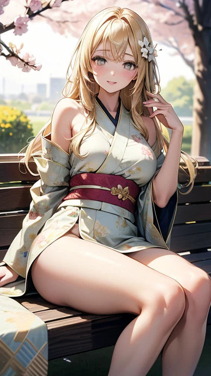 Elf, big breasts, pretty, white skin, blue eyeballs, blonde hair, white socks, pink geisha kimono
