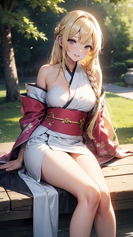 Beautiful long blonde hair woman is shown to have a sexy figure, she is wearing a kimono, sexy look, flower in hair, hair up in a fancy Japanese bun, pointy ears, blue eyes, girl watching a lantern show ,sexy session, sexy pose, cowboy shot, superior quality, many details, realistic