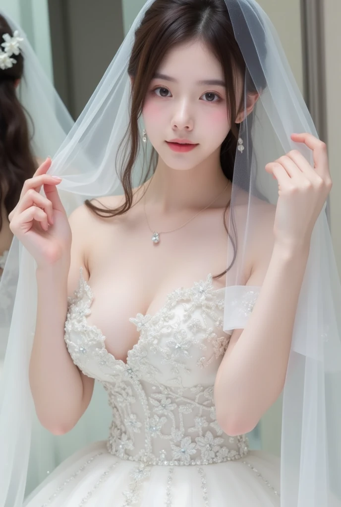 (Best quality, 8K, tmasterpiece, hyper HD: 1.3), (K-pop idol: 1.3), 1 , (The large: 1.2), (Long gray hair), Abs, perfect body figure, Ultra-fine face, Exquisite, pretty eyes, 二重まぶた, Hands are super thin, Ultra-thin fingers, ((Korean wedding dress)),开衫Elegant , detailed , Elegant , Luxury hotel 5 star,,
