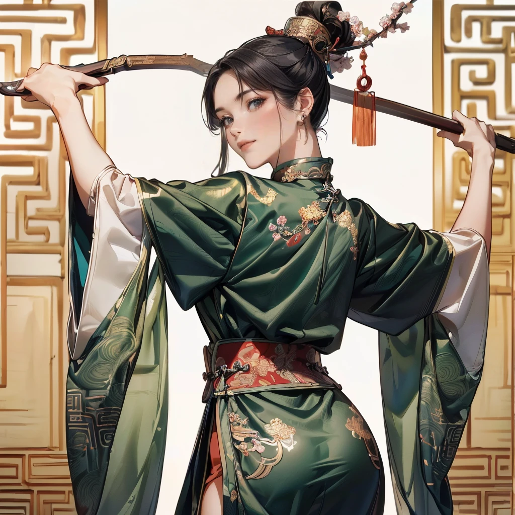 A woman with dark brown hair and bright emerald green eyes, fine and rough features, rosy cheeks and red lips, some freckles on the nose, dressed in a dark blue kimono with details such as green lines, a wand in hand 