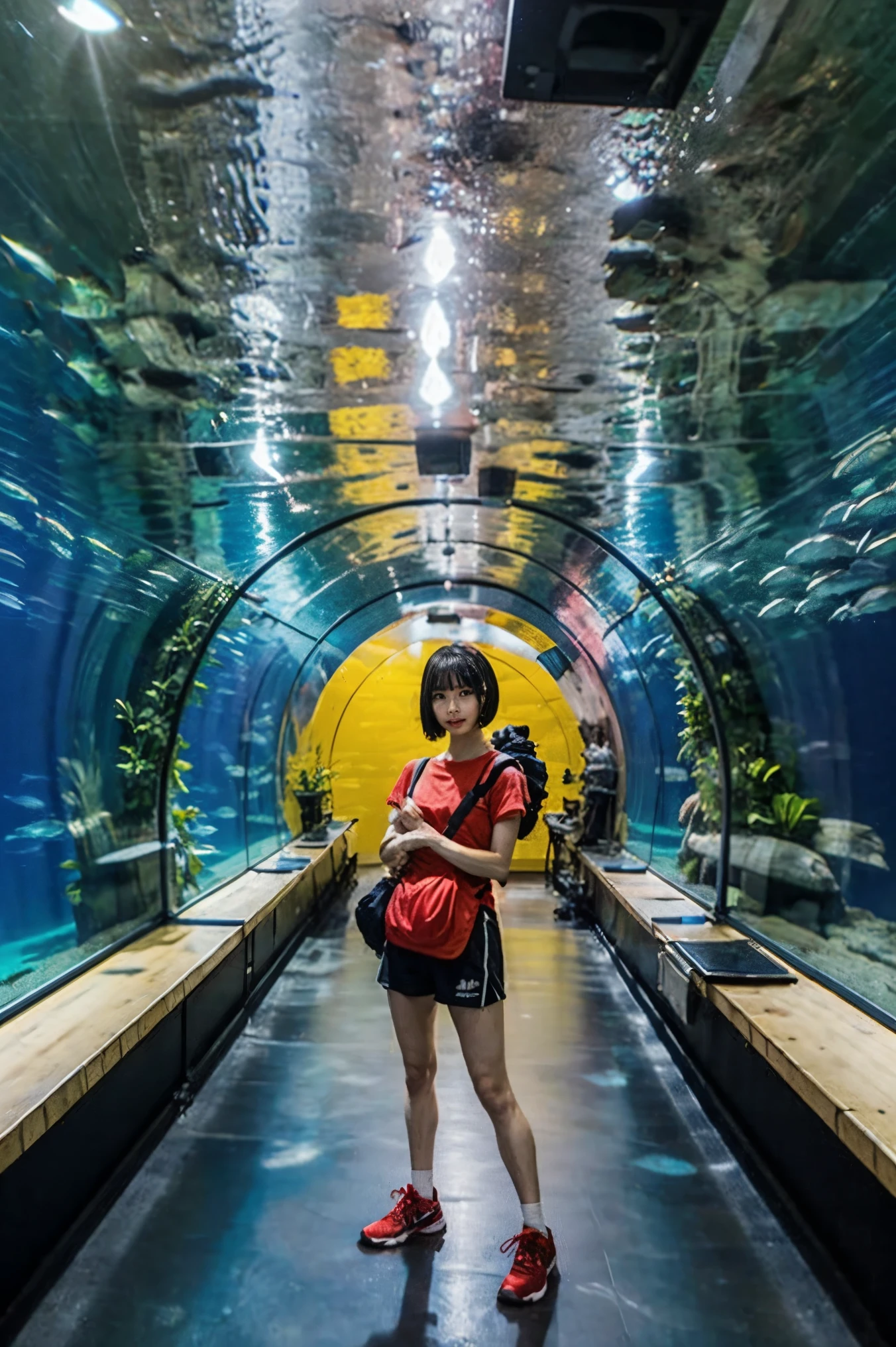 (height 166 centimeters、weight 44 kilograms、more than twice her own)、(beautiful, glossy black hair、shortcuts for white doors、Bowl cut hair、Beautiful, smooth, and fine white skin)、((More than twice as tall as yourself、everything but the floor stands in the center of a very large underwater corridor made of thick glass sheets))、((The underwater corridor is 5 meters ahead and has a slow curve on her left hand、All I can see is water and fish))、(((((Sunlight is shining through the ceiling、Sunlight illuminates the building with an irregular moderation as if it were tirelessly passing through waves and water)))))、((The woman is watching the fish move on the roof area diagonally above the left、face slightly raised、He's laughing innocently and loudly like a ))、((A woman is standing in the center of the distance towards the center with perspective from the four corners))、thick glass panels, super high resolution,(realistic:1.3),super precise、Super Fine、super realistic、超realistic、 Overwhelming Reality 、pictures、portrait、the light from above flickers and illuminates the floor as water passes through、 deep shadow, (Highest quality, masterpiece), pale skin, dimly lit, shade, very detailed, depth of field, Film Grain, (the body is facing diagonally to the left from the viewer's side、The face is in front of the viewer), aquarium, (masterpiece,Highest quality:1.5), Stingrays are swimming, Soft Sunlight, Coral,, bubble, plant, fantastic beauty、(( Chiba Lotte Marines uniform))、black shorts、RED NIKE SNEAKERS、Yellow backpack 、I'm holding the shoulder straps with both hands
