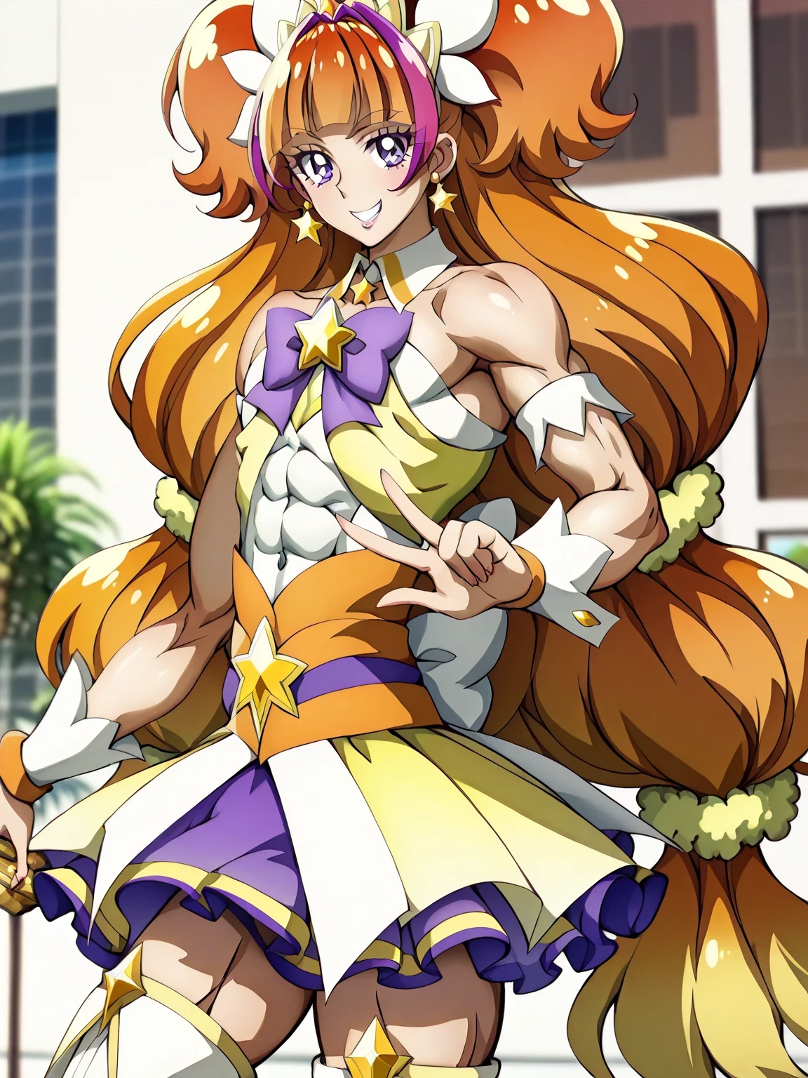 score 9 、score 8 up、score 7 up、masterpiece、Highest quality、high resolution、anime coloring、1boy、cure twinkle、(male:1.6)、ドレスを着たlong hairの男性のアニメの絵、solo、long hair、 orange hair 、low tied long hair、multicolored hair、 Hair、two tone hair、gradient hair、streaked hair、blunt bangs、twintails hair、high short twintail hair、low two side up hair、 purple eyes、yellow mini dress 、purple mini skirt under yellow mini skirt、layered skirt、Jewelry brooch 、 V line around waist 、Muscular and strong、white boots、strapless dress、sexy、thigh boots、Strong muscles、yellow miniskirt、purple bowtie、purple high leg cut panty、yellow bow、purple high leg cut panty under mini skirt、Sparkling Magical Boy、sexyな雰囲気、ultra mega super hyper sexy、Masculine and muscular、(manly:1.6)、!!full body portrait!!、Bare shoulders、Bare Arms、Bare Crotch 、bare thighs、wrist cuffs、purple bow tie、orange belt、collarbone、covered midriff、covered abs、covered navel、 covered stomach、upper pectoralis major、pectoralis major、biceps、biceps long head、biceps short head、triceps、triceps medial head、triceps lateral head、triceps long head、deltoids、anterior deltoids、middle deltoids、posterior deltoids、thigh muscles、 Magical Boy's Style 、sexy male、lewd male、naughty smile、 magical aura、perfect body、perfect hands、perfect arms、perfect legs、 male focus、looking at viewer、cure twinkle outfit、solo focus、cowboy shot、(male body:1.6)、beefcake style、(manly face:1.6)、