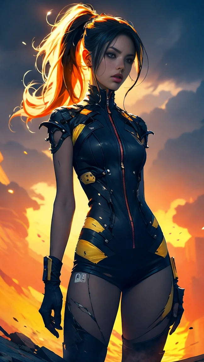 dark and torn, 1 young beautiful muscular body, fierce expression, holding a gun, (colors on her clothes, warm, orange, yellow, violet:1.3), standing on a desolate wasteland, dramatic lighting, intense shadows, sandy texture, tall contrast, vibrant colors, dynamic pose, powerful stance, rugged background, explosive atmosphere, dystopian theme, surreal elements, digitally painted illustration, HD resolution, intricate details, dramatic composition, avant-garde and chaotic brush strokes, gothic style, intense emotions, epic scale, raw and gritty feel, captivating and provocative artwork,