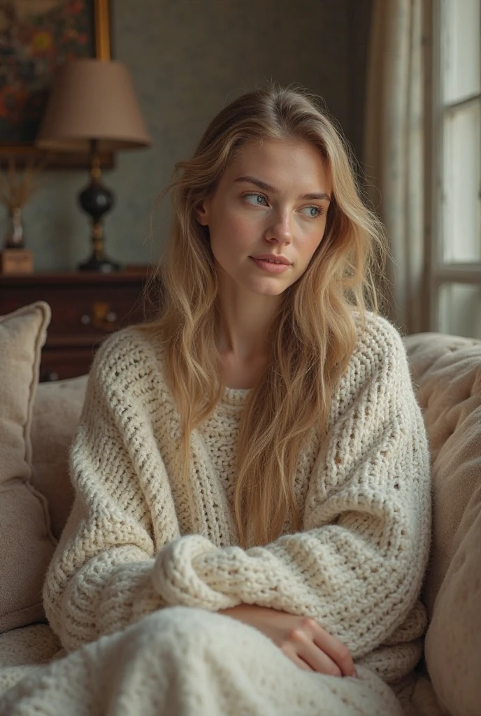 RAW, photograph,((best quality)), ((masterpiece)), ((realistic)), gorgeous european woman, sitting on couch, comfortable couch, sofa, cozy sofa, Table with book and cup, 24 year old, thick winter sweater and jeans, (long blonde hair), blue eyes, full body, Perfect lighting, detailed photograph, innocent, (freckles:0.6), intricate details, highly detailed, sharp focus, professional, 4k, god rays, stunning blue eyes, delicate, innocent, highres, detailed facial features, high detail, sharp focus, smooth, aesthetic, extremely detailed, photo_\(ultra\), photorealistic, realistic, post-processing, max detail, roughness, real life, ultra realistic, photorealism, photography, 8k uhd, photography, SEMI-SILHOUETTE light, european face