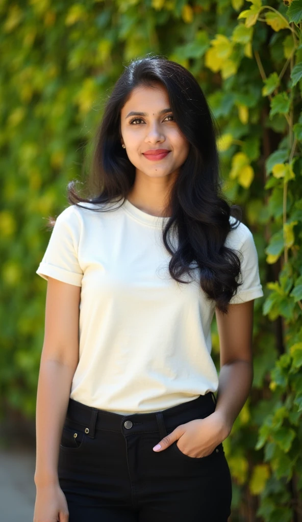 A Indian girl with Fang teeth and straight Nose medium breast slightly tone skin colour wearing a a white t shirt and a black skirt smiling showing teeth