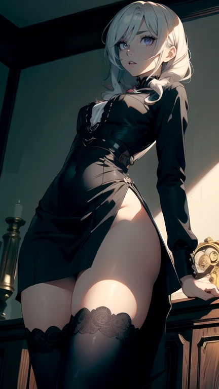 masterpiece, highest quality, 1 girl , silky ,black dress , see through dress , braid hair, dark tone, Are standing , lusterのある, lusterのある, skin stockings, luster, bob cut, short hair , garter belt , T-back , open crotch , hello contrast , O feet , Legs spread in black pantyhose ,erotic ,obscene ,how,