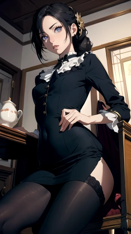 (((Masterpiece))),(((Super Detail))),(((in 8K))),(((best composition))),(((Rim lighting,Fireglow effect,deep shadow))),solo),Beautiful fingers,Detailed finger features,(Detailed hair features:1.7),(Dynamic and sexy bending pose:1.3),detailed facial features,detailed clothes features, (perky chest:1.1), (pointed chest:1.3), delicate beautiful face, Bright blue eyes, cute eyes, sparkling eyes, Big eyes, beautiful detailed eyes,double bun with glittering hair ornament:0.6,(super detailed glossy skin:1.3),slender body,goddess smile,((with sparkling eyes and a contagious smile)),beautiful posture,have a cup of coffee,black hair, red eyes, dress, bare shoulders, jewelry, collarbone, sidelocks, hairband, earrings, indoors, off shoulder, sweater, arms behind back, plant, short hair with long locks, white hairband, off-shoulder dress, sweater dress, off-shoulder sweater, red sweater, big side hair, very long side hair,(super delicate floral pattern:1.2),seductive cleavage:1.3,beautiful glossy legs,shiny red high heels,lifting dishes with cakesd,french restaurant,hustle and bustle,rising steam,(((depth of fields)))