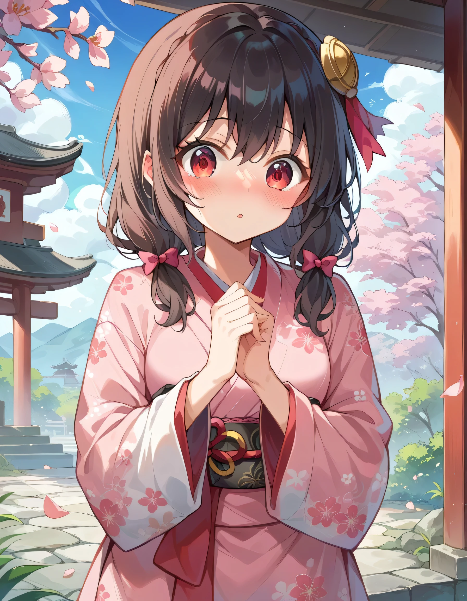 high image quality,high quality of wavy lines、
Yunyun、 (One person)、black hair, hair accessories, red eyes, pink floral printed kimono、See viewer、(blush:1.2),blue sky、cherry blossoms、surprised expression、(shrine)、looking up