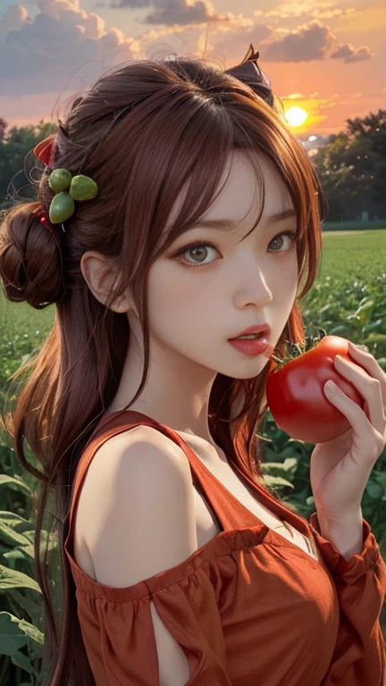 uma mulher bonita e jovem com cabelos longos e castanhos, her breasts covered by a simple tree leaf, sem roupas. She is in a green and flowery garden, full of trees and animals. She holds a bright red apple in her right hand, olhando para ela com curiosidade e desejo. No fundo, there is a large, leafy tree, com uma cobra enrolada em um dos galhos. The snake has yellow and hypnotic eyes, e parece sussurrar algo para a mulher.