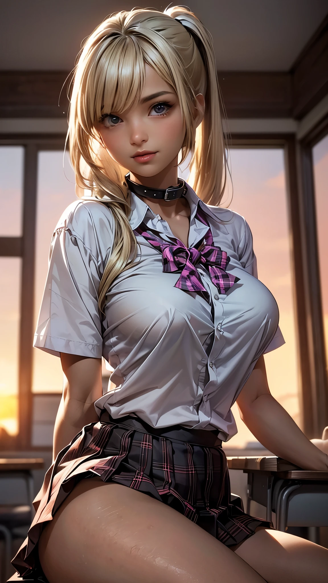 high resolution, (masterpiece:1.3, Highest quality), (realistic, photorealistic:1.4), beautiful illustration, perfect lighting, colorful, Describe the depth of the boundary, Detailed Skin Textures , Big eyes like anime,
watching, Full Body, Front Map:0.6, 1 Girl, alone, Japanese, high school girl, nipples, (Big Breasts:0.8, big butt, Seductive Thighs, skin dents ), Anime
(long hair:1.5, Side Ponytail), asymmetrical bang, purple eye, parted lips, (very beautiful tanned skin with the sunset in the classroom),
beautiful hair, beautiful face, very detailed face, Detailed and Beautiful Eyes, above the tongue, beautiful body, beautiful breasts, beautiful thighs, beautiful feet, beautiful fingers, ((Short sleeve shirt with collar, white shirt, school uniform, pink plaid pleated skirt, Tuxedo)), white panties , Polka Dot Hair Scrunch,
( sexy pose with one hair hanging down), (enchanting smile), evening, Sit in a classroom where you can see ,gal,(brown skin:1.5),(BLONDE:1.5),(view from below),