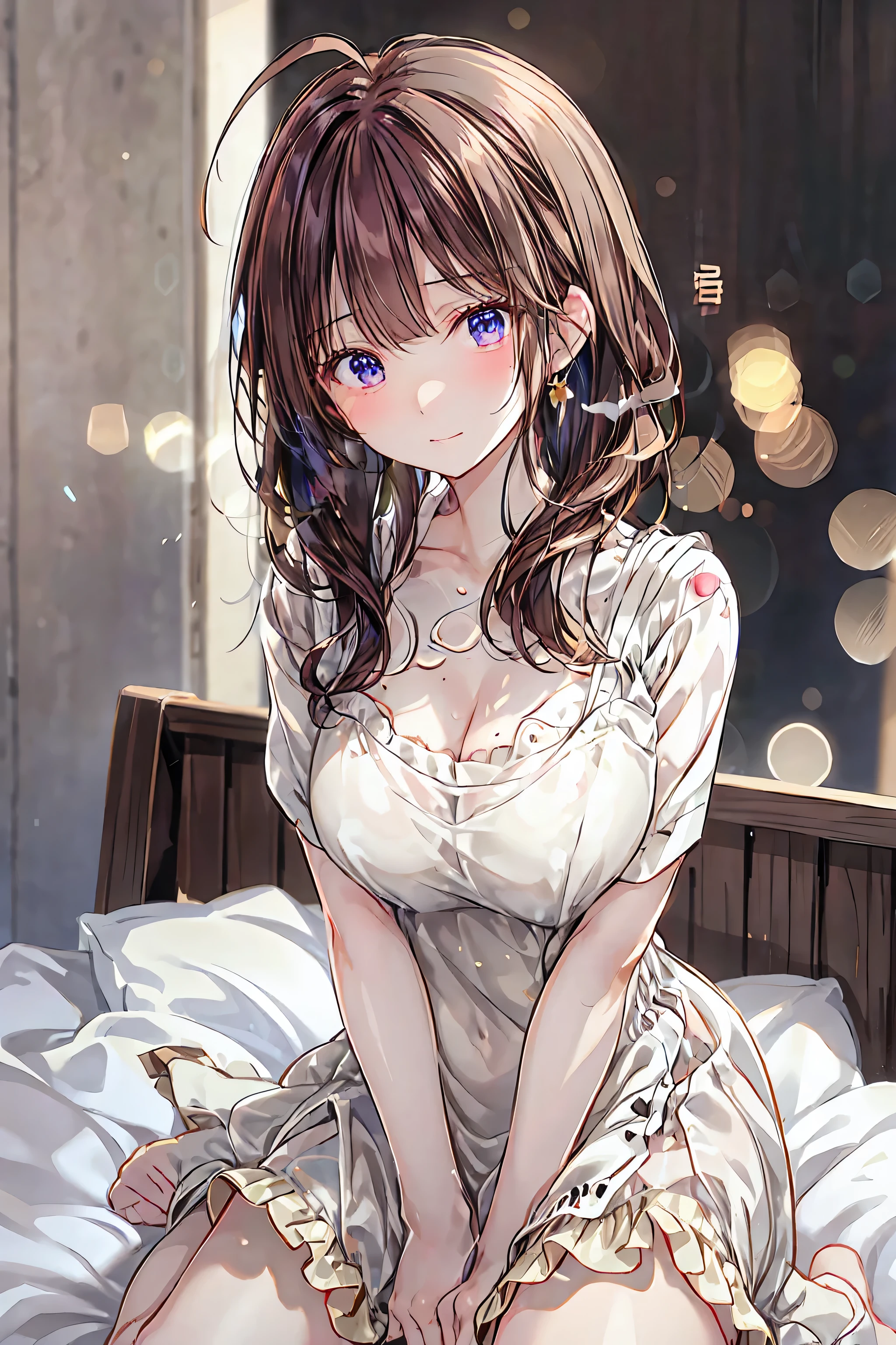 ( high-definition raw-colored pictures, professional shooting, (((((Bokeh))))), written border depth, captured with a sony α7 IV, table top in bed)( high image quality )Couple in their 20s, female1名、 unisex light clothing、female向けロマンス、 Sparkling atmosphere 、Glossy appearance、 will be happy、Beautiful poop、 Devour each other however you like、interview、 sweated 、maleがfemaleの胸や体を触る、femaleがmaleにキスをする、make、female( brown medium length hair 、 slightly larger breasts 、 nightgies 、close ~ eye)、Sweet Sigh、male( black hair short、Half-removed shirt、 Show off your legs 、強くclose ~ eye)、background(room、 bed、Turn off the lights、I closed the curtains..)、The night deepens、dim