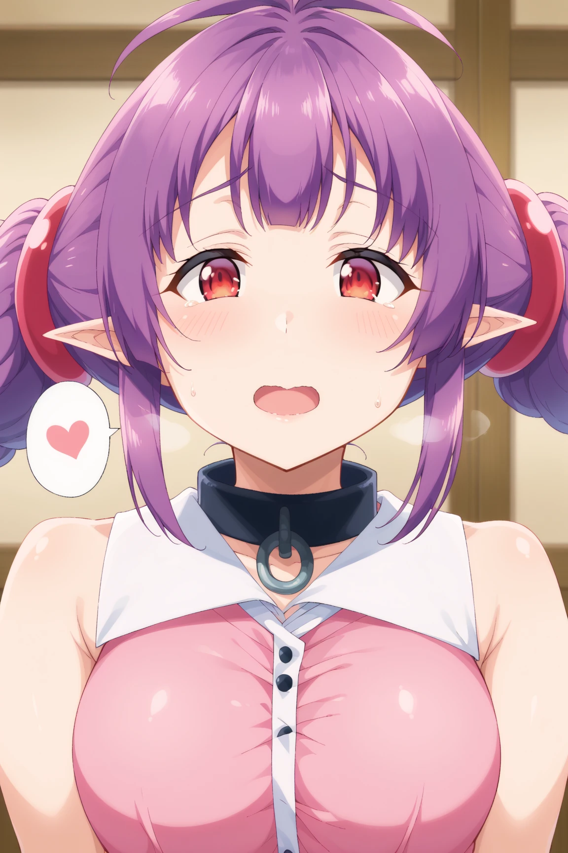 1girl with long pink hair, red violet eyes, two horns on head,nude, big breasts, on knees, bedroom, doing paizuri, paizuri POV POV, cock between breasts, fear on face
