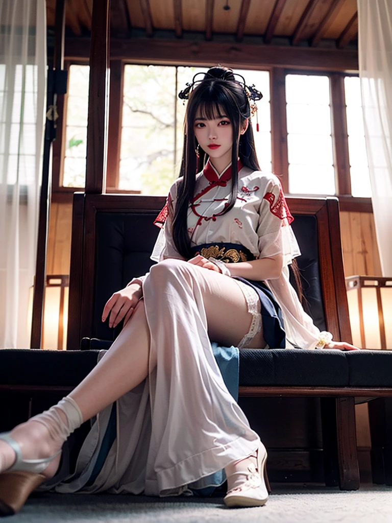 illustratio，The is very detailed，CG，unified，8k 壁纸，Amazing Cleavage，finely detailled，best qualtiy，The is very detailed的 CG unified 8k 壁纸,there is a woman that is sitting down on a bench，Wearing a red dress, with acient chinese clothes, Wearing a red cheongsam, white stockings，Japanese goddess, gorgeous chinese models, Chinese girl, Palace ， A girl in Hanfu, Chinese traditional, Traditional beauty, Chinese dress, Chinese costume, White Hanfu, Cheongsam,Wear light blue high heels，Wearing ancient Chinese clothes, Korean girl CG,CG