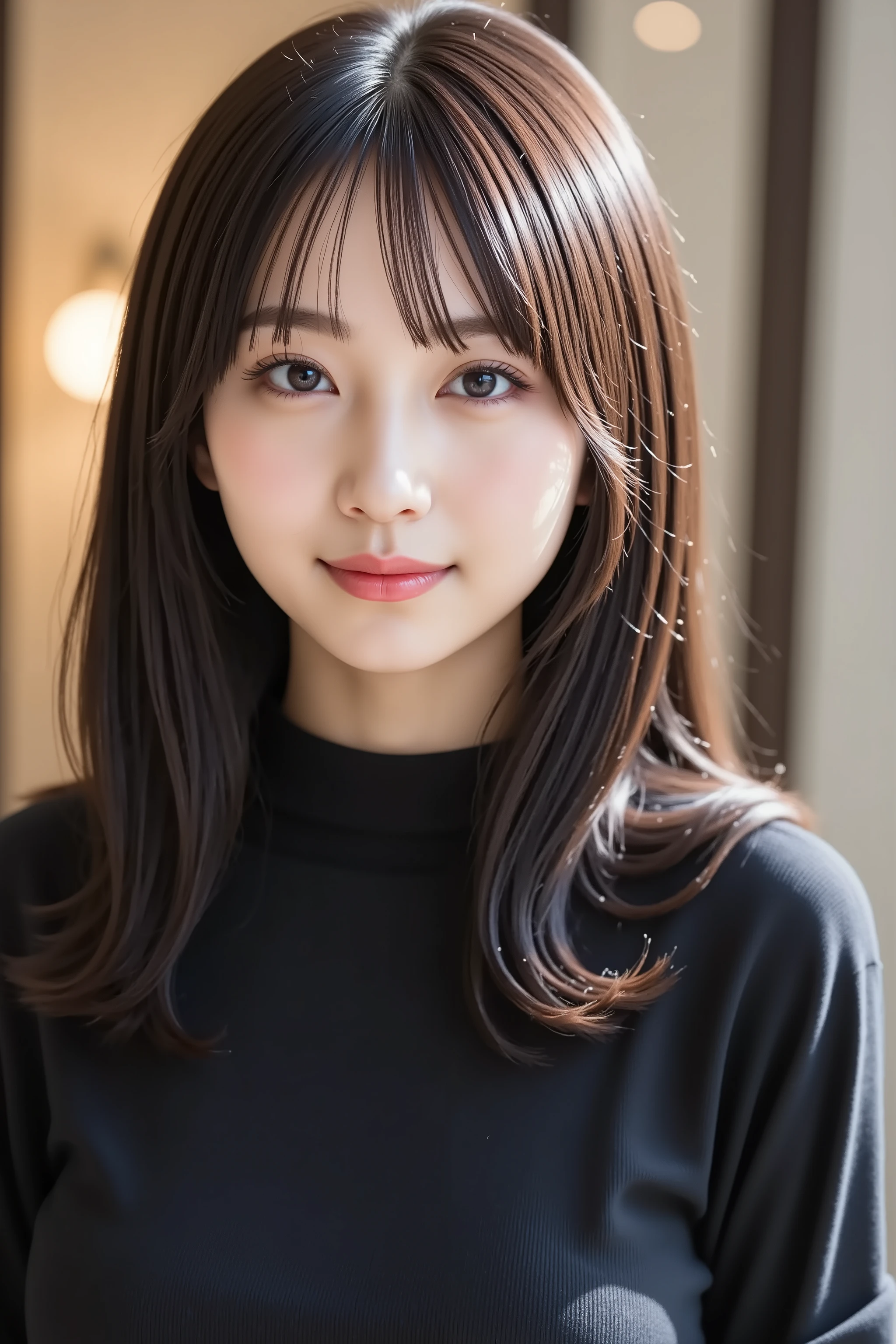 Position your face in the center of the image, masterpiece, , beautiful skin with glasses、plain black high neck long sleeve ribbed slim fit t-shirt、long black hair, bungs, smile, 8k, shooting studio background 、Head margin