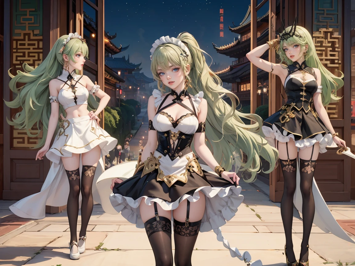 ((full-body photo, feet on the ground, front view)). Princess Zelda, {big breasts, red cheeks, red lipstick on her mouth, looking at the viewer}, ({black outfit with gold trim/maid outfit with short shorts)}, she's in a shower dripping water, clothes and hair soaked. She has {(very short green hair, blue eyes)}, anime, anime style, motion blur, 16k, high quality, super detail, textured skin, anatomically correct, masterpiece, masterpiece, masterpiece, UHD, ccurate