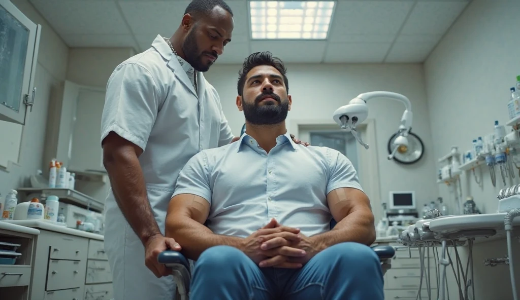Strong, hairy, bearded mixed race man in navy blue underwear, shy, taking off his underwear in front of a female doctor.